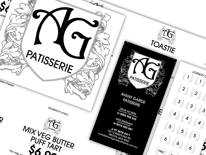 Work done on the Avante Garde Patisseri Menus, brand and letter head. Avante Garde Patisseri Branding.