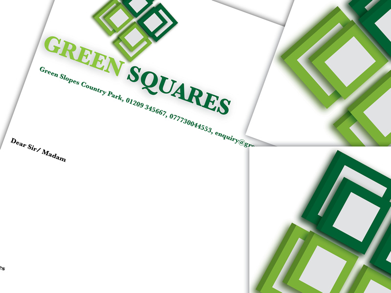 Branding Design for Green Squares, including letter head and business cards. Branding Design for Green Squares.